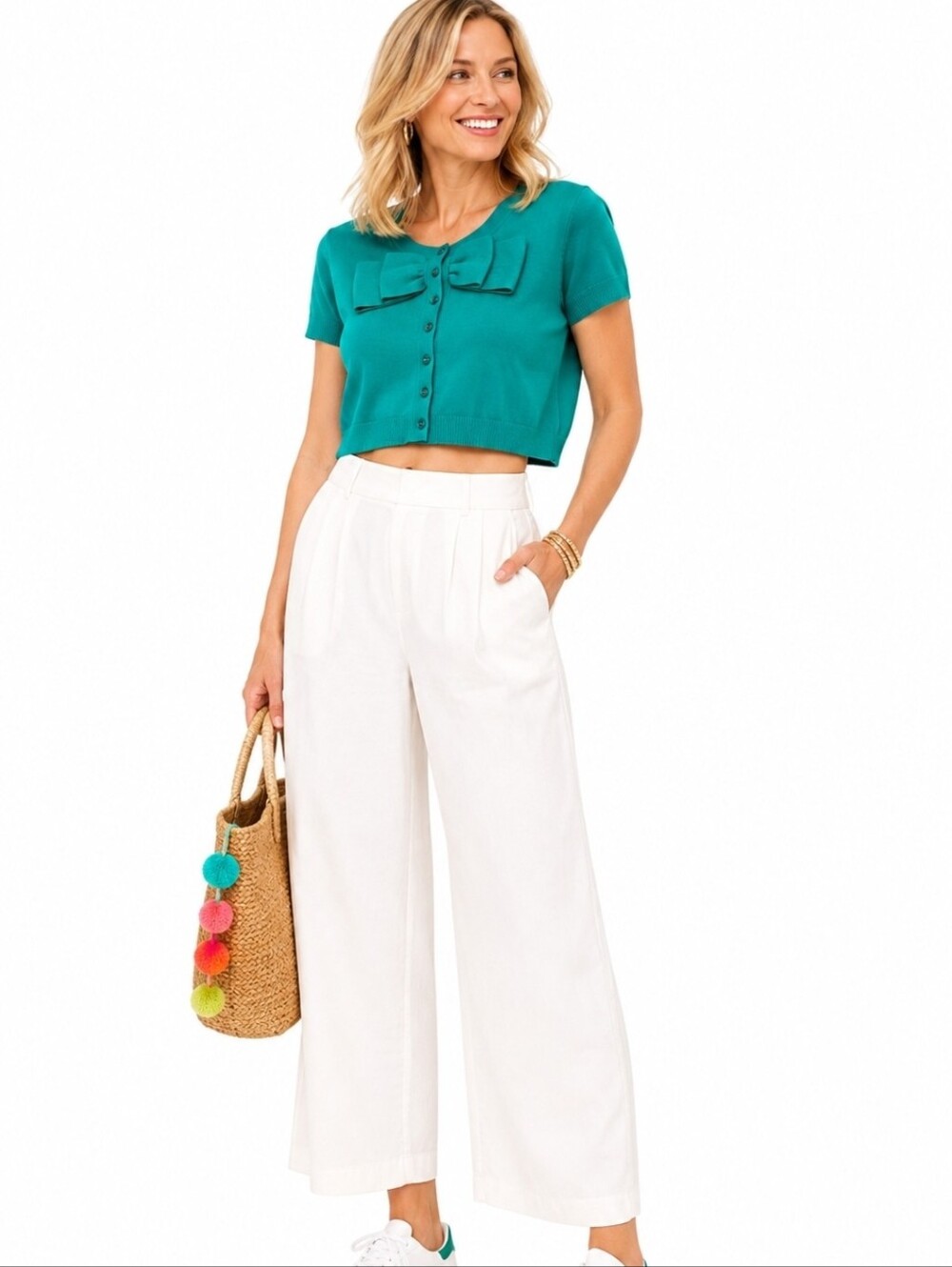 Hoss Intropia Teal Turquise Short Sleeve Cropped Cardigan with Bow, L